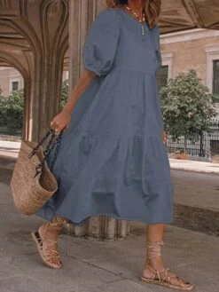 Women‘s Plus Size Curve Holiday Dress Solid Color Crew Neck Half Sleeve Fall Spring Casual Boho Maxi Long Dress Daily Vacation Dress Cotton -HAYz Clothing Shop hkwlvv1621240347631