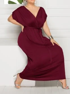 Women's Plus Size Curve Party Dress Sheath Dress Formal Dress Maxi Dress White Wine Royal Blue Short Sleeve Pure Color Lace Up Spring Fall Autumn V Neck Fashion Birthday Wedding Guest Vacation -HAYz Clothing Shop hkworl1692178807116