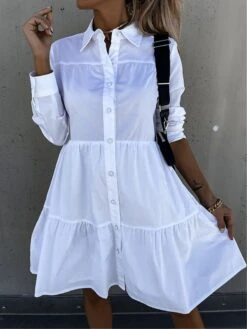 Women's Shirt Dress Casual Dress Swing Dress Midi Dress Outdoor Daily Vacation Cotton Basic Modern Shirt Collar Ruffle Button Long Sleeve Fall Winter 2023 Regular Fit ArmyGreen Black White Pure Color -HAYz Clothing Shop hkwybl1695813925923