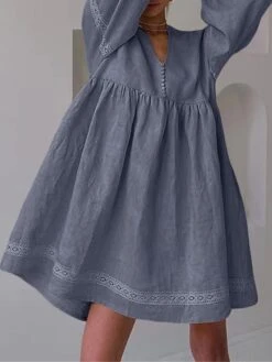 Women's Casual Dress Cotton Linen Dress Swing Dress Mini Dress Linen / Cotton Blend Fashion Modern Outdoor Daily Vacation V Neck Lace Ruched Long Sleeve Fall Winter Autumn 2023 Loose Fit Blue Brown -HAYz Clothing Shop hkzixc1692961125473