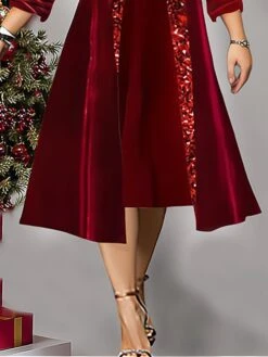 Women's Plus Size Two Piece Dress Set Velvet Dress Party Dress Party Christmas Fashion Elegant Patchwork Sequin Midi Dress V Neck 3/4 Length Sleeve Plain Regular Fit Wine Fall Winter L XL XXL 3XL 4XL -HAYz Clothing Shop hlhwad1697523043144