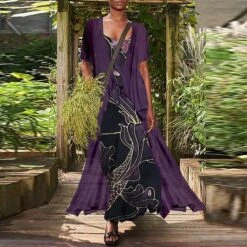 Women's Dress Set Two Piece Dress Chiffon Dress Long Dress Maxi Dress Black Red Navy Blue Short Sleeve Floral Lace Up Summer Spring Crew Neck Stylish Loose Fit 2023 S M L XL XXL 3XL 4XL 5XL -HAYz Clothing Shop hljflp1648535174670