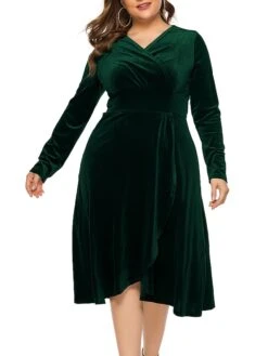 Women's Plus Size Curve Party Dress Velvet Dress Sheath Dress Solid Color Midi Dress Long Sleeve Ruched Patchwork V Neck Fashion Wedding Deep Green Black Spring Fall XL XXL 3XL 4XL 5XL -HAYz Clothing Shop hlkfok1693533329264