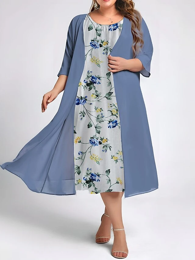 Women's Plus Size Two Piece Dress Set Casual Dress Swing Dress Outdoor Daily Fashion Elegant Print Midi Dress Crew Neck 3/4 Length Sleeve Floral Loose Fit Pink Royal Blue Blue Fall Winter L XL XXL 1 Women's Plus Size Two Piece Dress Set Casual Dress Swing Dress Outdoor Daily Fashion Elegant Print Midi Dress Crew Neck 3/4 Length Sleeve Floral Loose Fit Pink Royal Blue Blue Fall Winter L XL XXL