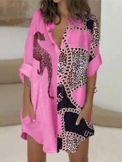 Women's Shirt Dress Casual Dress Mini Dress Winter Dress Daily Holiday Polyester Casual Shirt Collar Button Pocket Long Sleeve Summer Spring Fall 2022 Loose Fit White Pink Blue Leopard Floral -HAYz Clothing Shop hlyzzq1628230800769