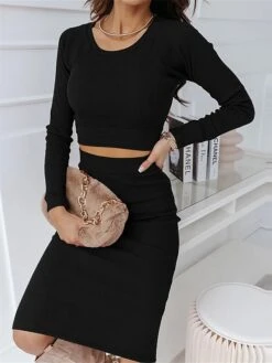 Women's Two Piece Dress Set Casual Dress Skirt Set Outdoor Daily Fashion Sexy Ribbed Midi Dress Crew Neck Long Sleeve Plain Regular Fit Black Wine Green Fall Winter S M L XL -HAYz Clothing Shop hmdnfk1695268225755