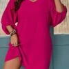 Women‘s Plus Size Curve Party Dress Cocktail Dress Wedding Guest Dress Midi Dress Fuchsia Long Sleeve Pure Color Ruched Spring Fall Winter V Neck Fashion Birthday Wedding Guest Vacation 2023