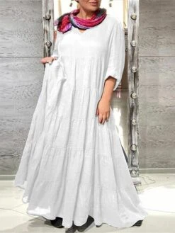 Women's Casual Dress Cotton Dress Maxi Long Dress Cotton Basic Classic Outdoor Daily Vacation V Neck Ruched Long Sleeve Spring Fall Winter 2023 Loose Fit White Blue Brown Plain S M L XL 2XL -HAYz Clothing Shop hnbfpa1692695637289