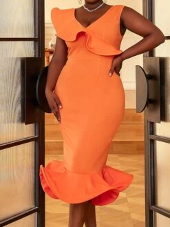 Women's Plus Size Curve Party Dress Bodycon Sheath Dress Plain Midi Dress Sleeveless Ruffle V Neck Fashion Party Orange Spring Fall XL XXL 3XL 4XL -HAYz Clothing Shop hnlrgh1694165777243