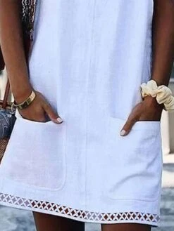 Women's Casual Dress Cotton Linen Dress A Line Dress Mini Dress Cotton Blend Modern Casual Outdoor Daily Vacation V Neck Hollow Out Pocket Sleeveless Summer Spring 2023 Loose Fit White Plain S M L XL -HAYz Clothing Shop hnnwbw1677658891947