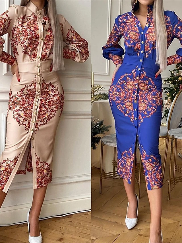 Women's Shirt Dress Casual Dress Bodycon Midi Dress Outdoor Office Daily Polyester Fashion Romantic Stand Collar Button Print Long Sleeve Summer Spring Fall 2023 Slim Blue Khaki Floral S M L XL 2XL 2 Women's Shirt Dress Casual Dress Bodycon Midi Dress Outdoor Office Daily Polyester Fashion Romantic Stand Collar Button Print Long Sleeve Summer Spring Fall 2023 Slim Blue Khaki Floral S M L XL 2XL - Image 2
