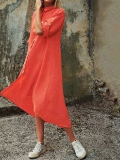 Women's Shirt Dress Casual Dress Cotton Dress Midi Dress Cotton Classic Casual Outdoor Daily Vacation Shirt Collar Ruched Button Long Sleeve Fall Winter Autumn 2023 Regular Fit Pink Red Navy Blue -HAYz Clothing Shop hnubqf1693823271904