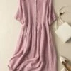 Women's Casual Dress Cotton Linen Dress Midi Dress Linen / Cotton Blend Fashion Classic Style Outdoor Daily Holiday Crew Neck Button Short Sleeve Fall Winter Autumn 2023 Loose Fit Pink Wine Green