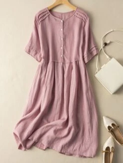 Women's Casual Dress Cotton Linen Dress Midi Dress Linen / Cotton Blend Fashion Classic Style Outdoor Daily Holiday Crew Neck Button Short Sleeve Fall Winter Autumn 2023 Loose Fit Pink Wine Green