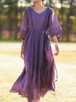 Women's Casual Dress Cotton Linen Dress Midi Dress Linen / Cotton Blend Basic Classic Outdoor Daily Vacation V Neck Lace Up 3/4 Length Sleeve Fall Autumn 2023 Loose Fit Black White Yellow Plain M L