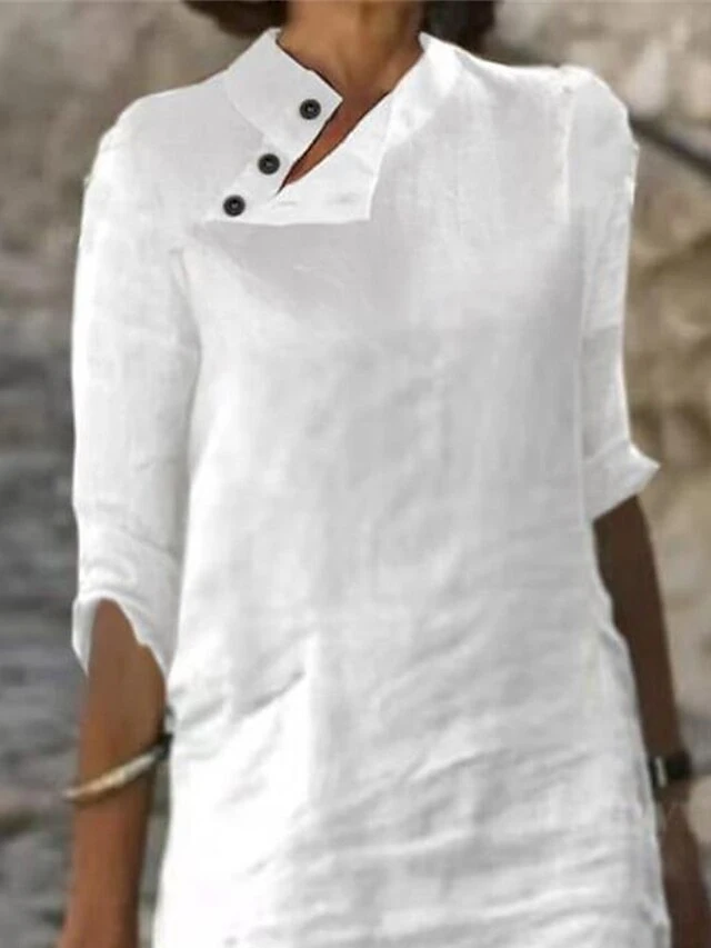 Women‘s Cotton Linen Dress Shirt Dress Casual Dress Shift Dress Midi Dress Cotton Blend Fashion Basic Outdoor Daily Vacation Stand Collar Button Half Sleeve Summer Spring 2023 Black White Blue Plain 6 Women‘s Cotton Linen Dress Shirt Dress Casual Dress Shift Dress Midi Dress Cotton Blend Fashion Basic Outdoor Daily Vacation Stand Collar Button Half Sleeve Summer Spring 2023 Black White Blue Plain - Image 6