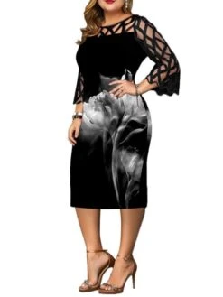 Women‘s Plus Size Curve Party Dress Butterfly Crew Neck Print 3/4 Length Sleeve Spring Fall Work Casual Sexy Prom Dress Midi Dress Daily Work Dress -HAYz Clothing Shop hohbgg1628488722011