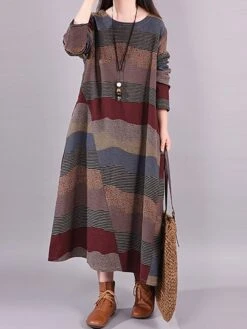 Women's Casual Dress Cotton Linen Dress Loose Dress Midi Dress Cotton Basic Classic Outdoor Daily Vacation Crew Neck Print Long Sleeve Spring Fall Winter 2023 Loose Fit Wine Brown Striped M L XL 2XL -HAYz Clothing Shop hojhvi1692778411533