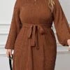 Women's Plus Size Curve Casual Dress Winter Dress Knit Dress Plain Midi Dress Long Sleeve Lace Up Crew Neck Fashion Outdoor Brown Fall Winter XL XXL 3XL