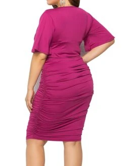 Women's Plus Size Curve Work Dress Bodycon Sheath Dress Plain Midi Dress Short Sleeve Ruched V Neck Fashion Office Black Royal Blue Fall Winter L XL XXL 3XL 4XL -HAYz Clothing Shop hoqpqx1694151474183