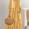 Women's Casual Dress Cotton Linen Dress Midi Dress Linen / Cotton Blend Basic Classic Outdoor Daily Vacation Crew Neck Ruched 3/4 Length Sleeve Fall Autumn 2023 Loose Fit Yellow Blue Plain M L XL 2XL