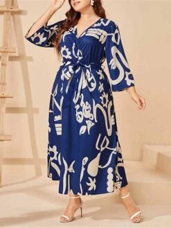 Women's Plus Size Work Dress Swing Dress Semi Formal Dress Fashion Long Dress Maxi Dress Lace Up Print V Neck 3/4 Length Sleeve Color Block Graffiti Regular Fit Navy Blue Fall Winter XL XXL 3XL 4XL -HAYz Clothing Shop hoyydp1693300574850