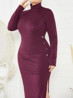 Women's Plus Size Curve Casual Dress Sweater Dress Sheath Dress Plain Midi Dress Long Sleeve Button Split Stand Collar Fashion Daily Black Wine Fall Winter XL XXL 3XL 4XL 5XL -HAYz Clothing Shop hpazse1694151465269