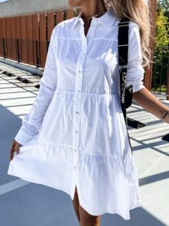 Women's Shirt Dress Casual Dress Swing Dress Midi Dress Outdoor Daily Vacation Cotton Basic Modern Shirt Collar Ruffle Button Long Sleeve Fall Winter 2023 Regular Fit ArmyGreen Black White Pure Color -HAYz Clothing Shop hpjusl1695813925427