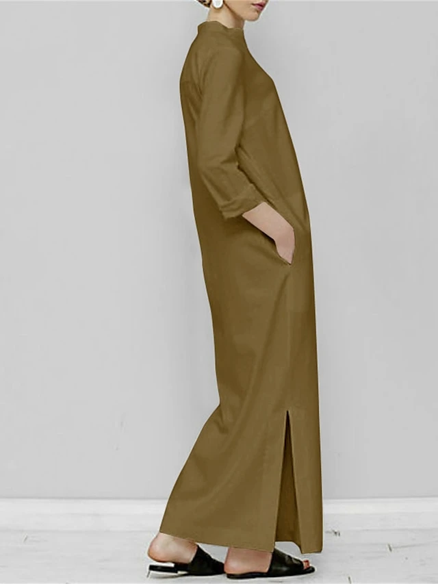 Women's Casual Dress Cotton Dress Shift Dress Maxi Long Dress Cotton Basic Classic Outdoor Daily Vacation V Neck Pocket Split Long Sleeve Spring Fall Winter 2023 Loose Fit Black Khaki Plain S M L XL 3 Women's Casual Dress Cotton Dress Shift Dress Maxi Long Dress Cotton Basic Classic Outdoor Daily Vacation V Neck Pocket Split Long Sleeve Spring Fall Winter 2023 Loose Fit Black Khaki Plain S M L XL - Image 3