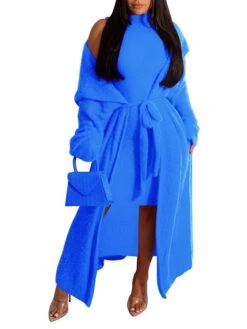 Women's Two Piece Dress Set Casual Dress Sheath Dress Daily Going Out Fashion Streetwear Lace Up Midi Dress Stand Collar Long Sleeve Plain Slim Black Yellow Wine Fall Winter S M L XL XXL -HAYz Clothing Shop hpofwf1693295543923