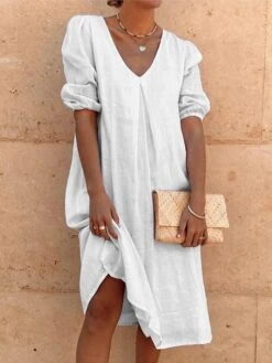 Women's Casual Dress Cotton Linen Dress Midi Dress Linen / Cotton Blend Fashion Casual Daily Outdoor Daily Weekend V Neck Basic Long Sleeve Summer Spring 2023 Loose Fit White Yellow Pink Plain S M L -HAYz Clothing Shop hpqidd1686736465624