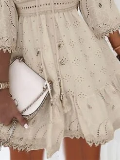 Women's Casual Dress Cotton Dress A Line Dress Mini Dress Cotton Fashion Modern Outdoor Daily Vacation V Neck Ruffle Embroidered 3/4 Length Sleeve Summer Spring Fall 2023 Regular Fit White Apricot -HAYz Clothing Shop hprzfm1689837024202