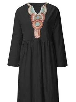 Women's Casual Dress Cotton Linen Dress Tiered Dress Maxi Long Dress Linen / Cotton Blend Fashion Gothic Outdoor Daily Vacation V Neck Print Long Sleeve Summer Spring Fall 2023 Loose Fit Black Blue -HAYz Clothing Shop hqexol1690369968778