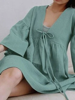 Women's Casual Dress Cotton Linen Dress Mini Dress Cotton Daily Basic Outdoor Home Daily V Neck Ruched Button 3/4 Length Sleeve Fall Autumn 2023 Loose Fit Navy Blue Blue Purple Plain S M L -HAYz Clothing Shop hqtfjd1692936381995