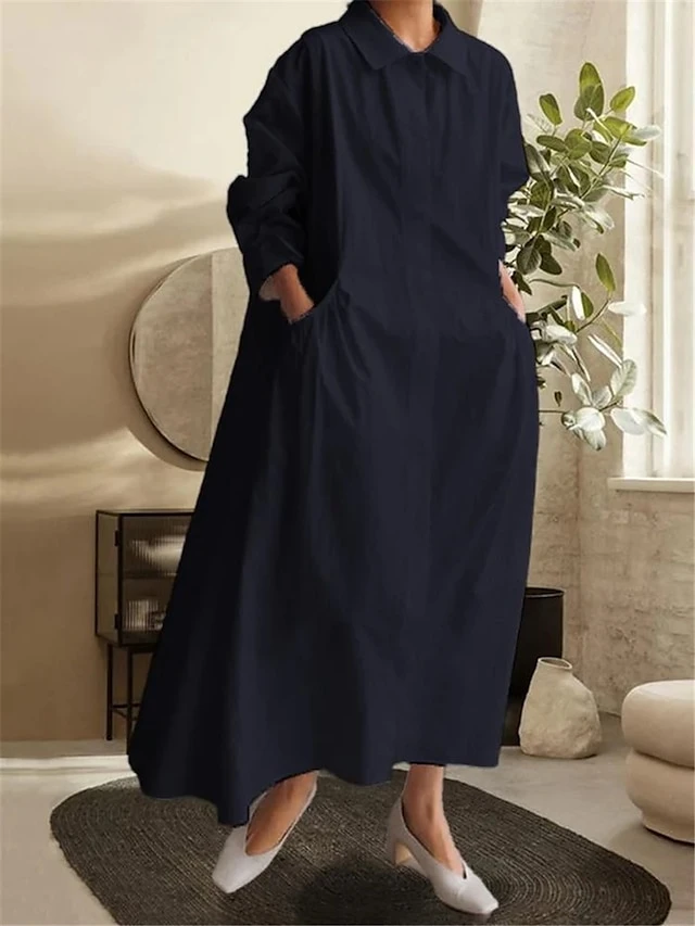 Women's Shirt Dress Casual Dress Cotton Linen Dress Maxi Long Dress Linen / Cotton Blend Basic Classic Outdoor Daily Vacation Shirt Collar Button Pocket Long Sleeve Spring Fall Winter 2023 Loose Fit 2 Women's Shirt Dress Casual Dress Cotton Linen Dress Maxi Long Dress Linen / Cotton Blend Basic Classic Outdoor Daily Vacation Shirt Collar Button Pocket Long Sleeve Spring Fall Winter 2023 Loose Fit - Image 2