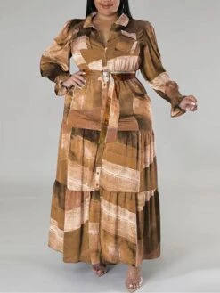 Women's Plus Size Curve Work Dress Swing Dress Semi Formal Dress Fashion Long Dress Maxi Dress Lace Up Print Shirt Collar Long Sleeve Print Yellow Royal Blue Blue Spring Fall XL XXL 3XL 4XL 5XL -HAYz Clothing Shop hqxklz1692847951482