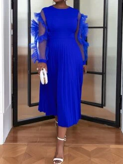 Women's Plus Size Curve Party Dress Formal Dress A Line Dress Plain Midi Dress Long Sleeve Pleated Ruffle Crew Neck Fashion Party Blue Fall Winter XL XXL 3XL 4XL -HAYz Clothing Shop hqxylb1694425977950