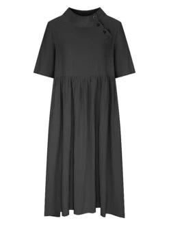 Women's Casual Dress Cotton Linen Dress Swing Dress Midi Dress Cotton Blend Basic Casual Outdoor Daily Crew Neck Ruched Button Half Sleeve Summer Spring 2023 Loose Fit Black White Pink Pure Color S M -HAYz Clothing Shop hqynkr1681442376758