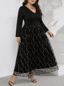 Women‘s Plus Size Curve Party Dress Swing Dress Black Dress Long Dress Maxi Dress Black Long Sleeve Polka Dot Mesh Summer Spring Fall V Neck Fashion Winter Dress Birthday Evening Party 2023 -HAYz Clothing Shop hqzhbs1691464046402