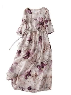 Women's Casual Dress Cotton Linen Dress Midi Dress Cotton Fashion Casual Outdoor Daily Vacation Crew Neck Pocket Print 3/4 Length Sleeve Spring Fall Autumn 2023 Loose Fit Pink Floral M L XL 2XL -HAYz Clothing Shop hrclgf1693967815441