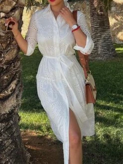 Women's Shirt Dress Casual Dress Midi Dress Outdoor Daily Vacation Cotton Fashion Modern Shirt Collar Lace Up Button Long Sleeve Fall Winter 2023 Regular Fit White Pure Color XS S M L -HAYz Clothing Shop hrgail1695644908260