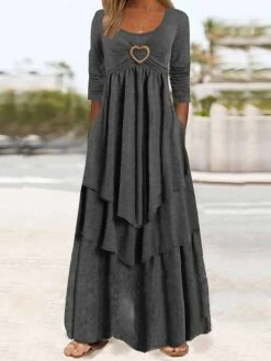 Women's Casual Dress Swing Dress A Line Dress Long Dress Maxi Dress Polyester Basic Modern Outdoor Daily Weekend Crew Neck Ruffle Pocket 3/4 Length Sleeve Summer Spring Fall 2023 Regular Fit Gray