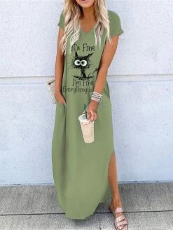 Women's Casual Dress Shift Dress Long Dress Maxi Dress Polyester Classic Casual Home Vacation Weekend V Neck Split Short Sleeve Summer Loose Fit White Yellow Blue Graphic Letter S M L XL XXL