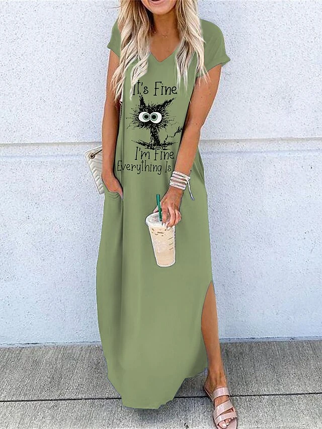 Women's Casual Dress Shift Dress Long Dress Maxi Dress Polyester Classic Casual Home Vacation Weekend V Neck Split Short Sleeve Summer Loose Fit White Yellow Blue Graphic Letter S M L XL XXL 1 Women's Casual Dress Shift Dress Long Dress Maxi Dress Polyester Classic Casual Home Vacation Weekend V Neck Split Short Sleeve Summer Loose Fit White Yellow Blue Graphic Letter S M L XL XXL