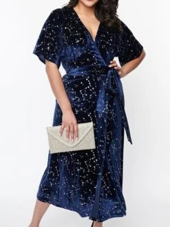 Women's Plus Size Curve Casual Dress Velvet Dress Wrap Dress Star Midi Dress Short Sleeve Lace Up Print V Neck Fashion Outdoor Navy Blue Fall Winter L XL 2XL 3XL 4XL -HAYz Clothing Shop hrrcil1697165009730
