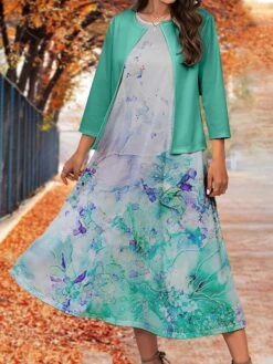 Women's Two Piece Dress Set Casual Dress Swing Dress Outdoor Office Fashion Streetwear Print Midi Dress Crew Neck 3/4 Length Sleeve Floral Ombre Regular Fit Pink Blue Purple Fall Winter S M L XL XXL -HAYz Clothing Shop hruylv1697782928647