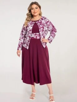 Women‘s Plus Size Curve Dress Set Print Crew Neck Long Sleeve Spring Fall Elegant Maxi Long Dress Formal Party Dress