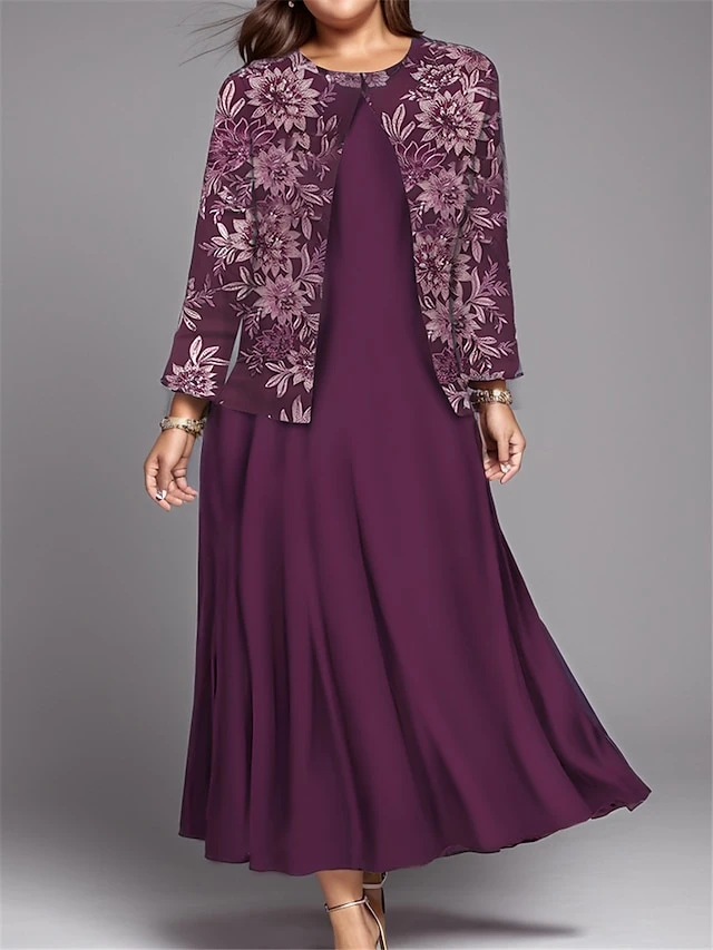 Women's Plus Size Curve Casual Dress Dress Set Two Piece Dress Floral Midi Dress Long Sleeve Print Crew Neck Mature Outdoor Wine Navy Blue Fall Winter L XL XXL 3XL 4XL 1 Women's Plus Size Curve Casual Dress Dress Set Two Piece Dress Floral Midi Dress Long Sleeve Print Crew Neck Mature Outdoor Wine Navy Blue Fall Winter L XL XXL 3XL 4XL