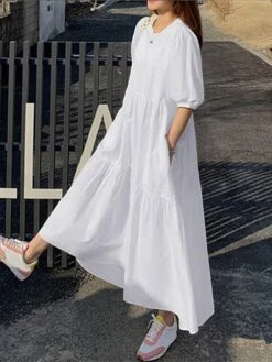 Women's Casual Dress Cotton Linen Dress Swing Dress Maxi Long Dress Cotton Blend Basic Casual Outdoor Daily Holiday Crew Neck Ruched Pocket Half Sleeve Summer Spring 2023 Loose Fit Black White Red -HAYz Clothing Shop hslevg1657768776591