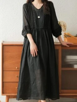 Women's Casual Dress Cotton Linen Dress Midi Dress Linen / Cotton Blend Basic Classic Outdoor Daily Vacation V Neck Lace Up 3/4 Length Sleeve Fall Autumn 2023 Loose Fit Black White Yellow Plain M L -HAYz Clothing Shop hsufjx1693203393879